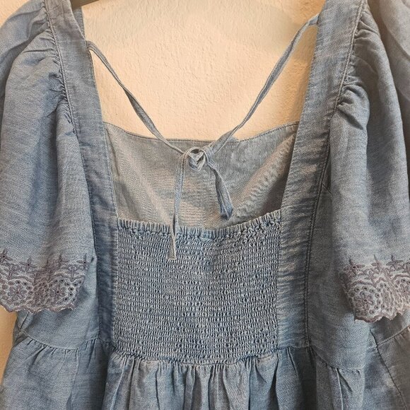 Old Navy boho Western baby doll blue shirt embroidery Smocked Puff Sleeve XXL - Picture 4 of 8
